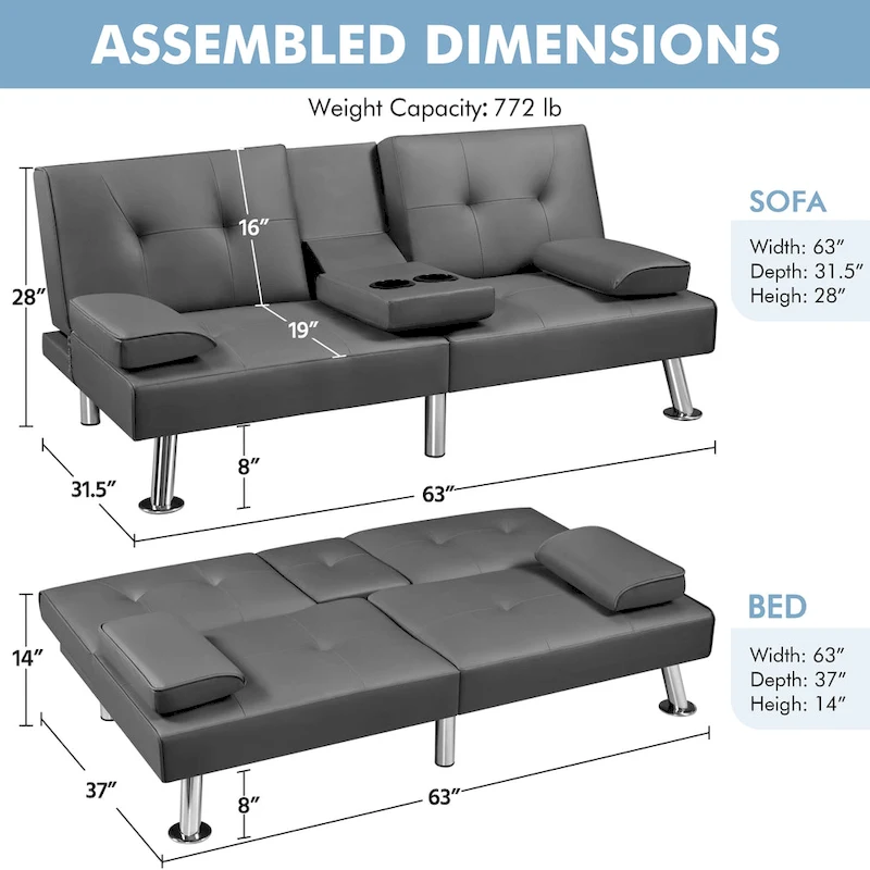 Yaheetech Faux Leather Convertible Futon Sofa Bed 3-In-1 Adjustable Futon Couch