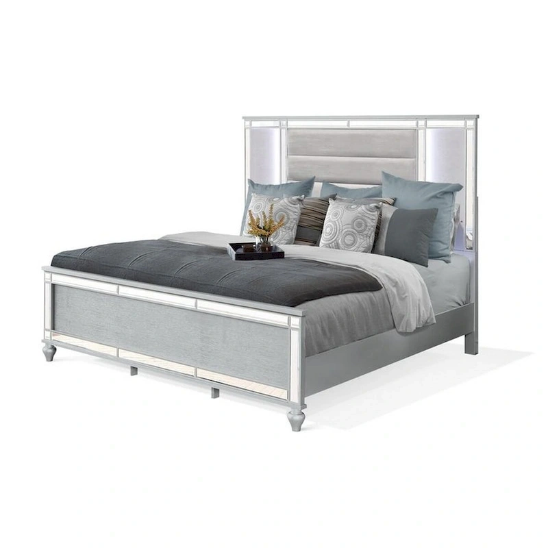 Lio Modern King Size Bed, LED, Mirror Trim, Silver Velvet Tufted Upholstery