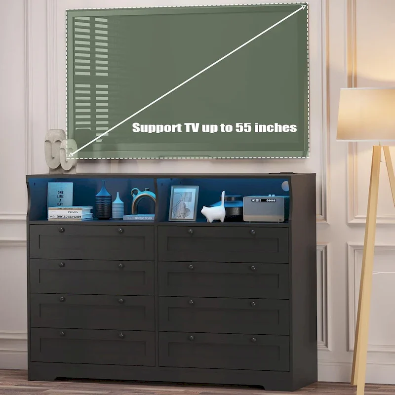 Modern Wood Dresser with 8 Drawers, Bedroom Dresser with Charging Station & LED Lights