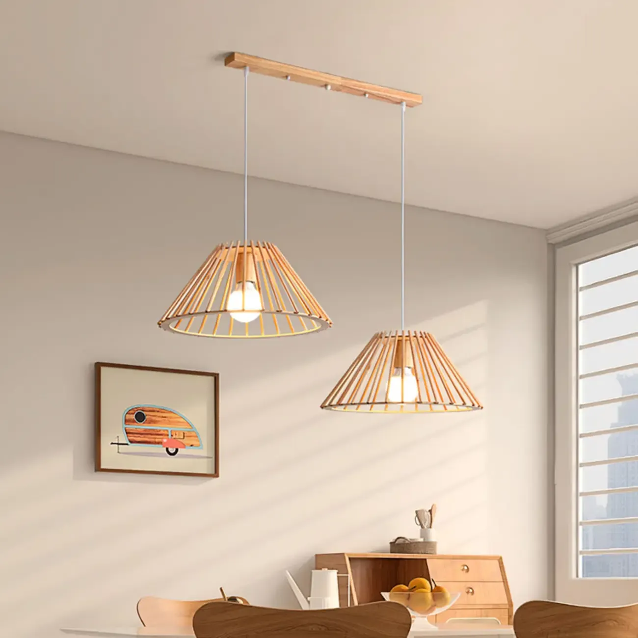 2-Light Modern Wood Island Pendant Light for Kitchen