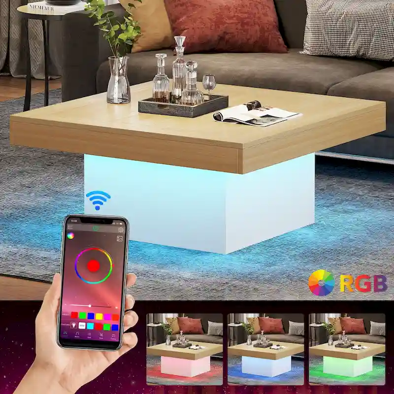 Square Coffee Table with LED Edge Lighting and Open Shelf