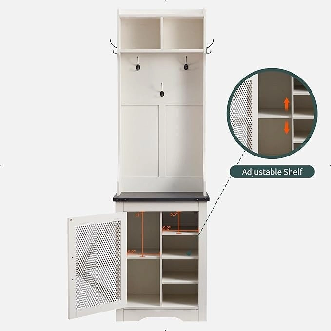 23 Wide Farmhouse Entryway Bench with Coat Rack, Hall Tree Cabinet