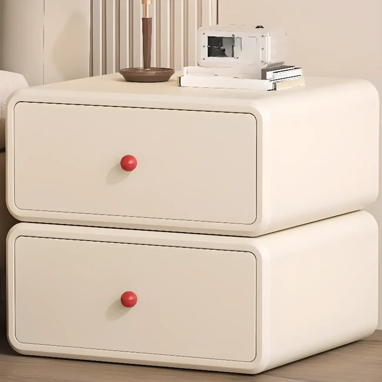 Art Deco Wood Faux Leather Red-Ball Pulls 2-Drawer Nightstand