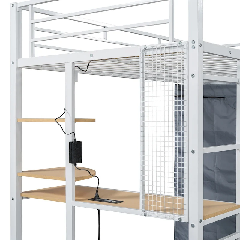 Twin Metal Loft Bed with Built-in Desk, Wardrobe & Power Outlet - 350LB Capacity
