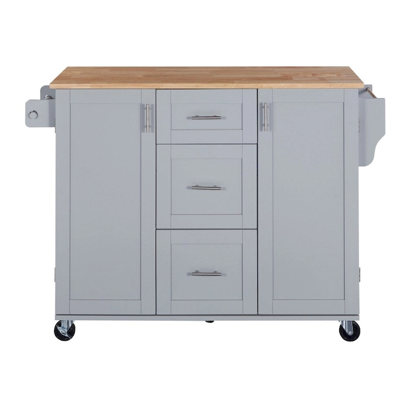 50 in. W Kitchen Island Rubberwood Top on 5 Wheels with 3 Drawers and 2 Slide-Out Shelf