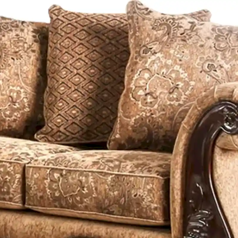 Nican 2pc Sofa Loveseat Set, Tan Gold Faux Leather, 8 Accent Pillows