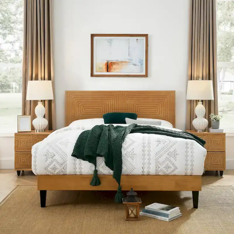 MUSEHOMEINC Mid Century Modern Solid Wood Platform Bed,Bed Frame with Adjustable Height Headboard,No Box Spring Needed
