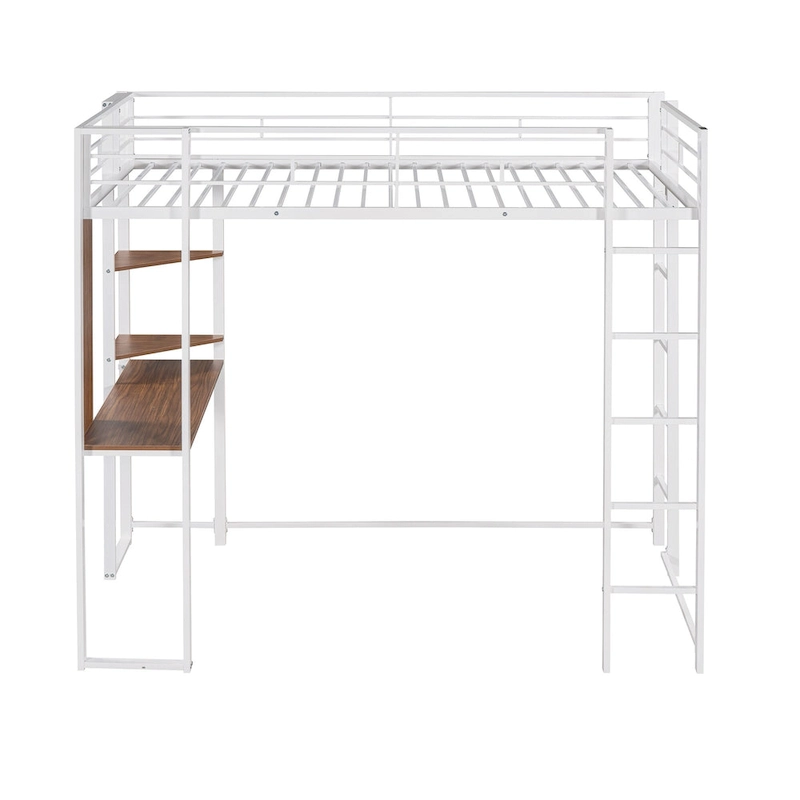 White Twin Metal Loft Bed with Ladder, Fence & Desk