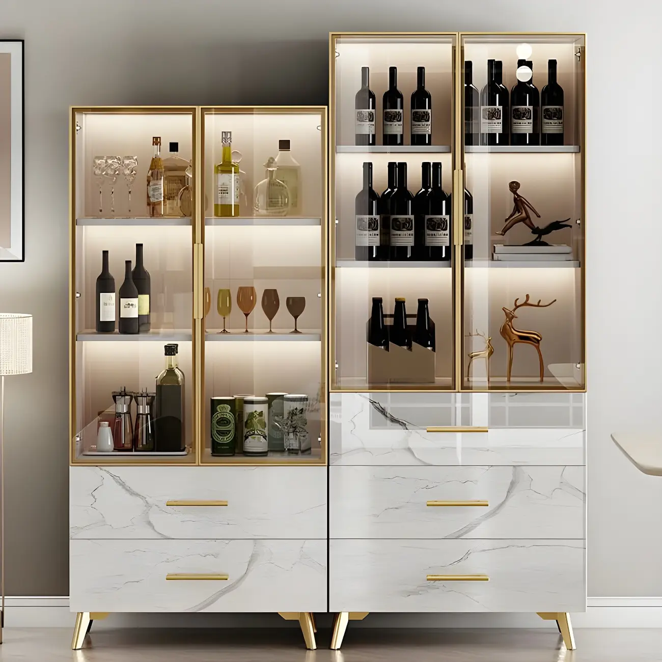 Modern Gold White Marble-Textured Wood Glass Versatile Cabinet