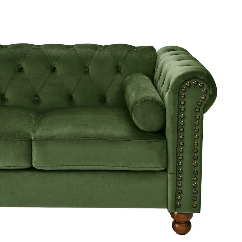 Green 74.5 Velvet Chesterfield Sofa with Button Tufting, Scrolled Arms, Turned Legs, and Elegant Design