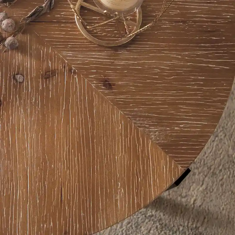 Natural Wood Round Coffee Table with Metal Cross Legs