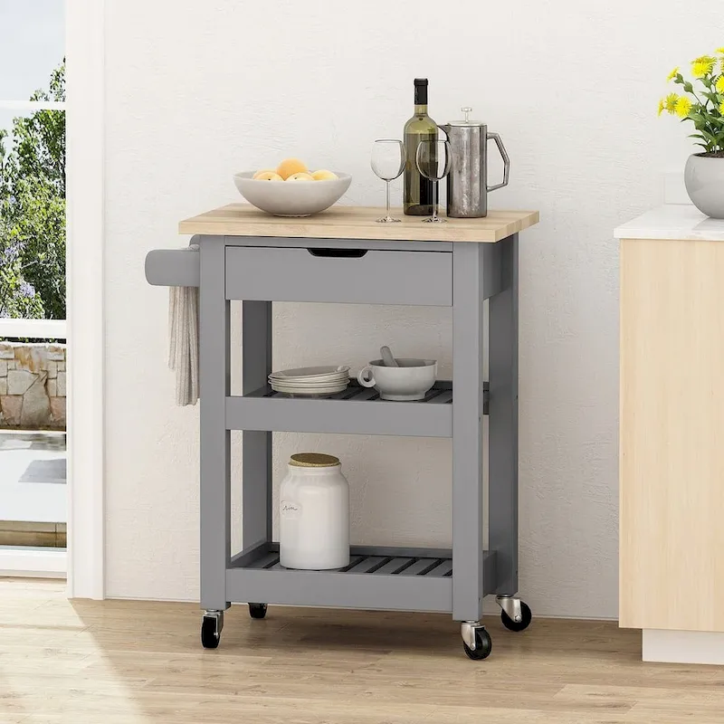 Compact Wooden Kitchen Cart with Wheels Shelves and Drawer