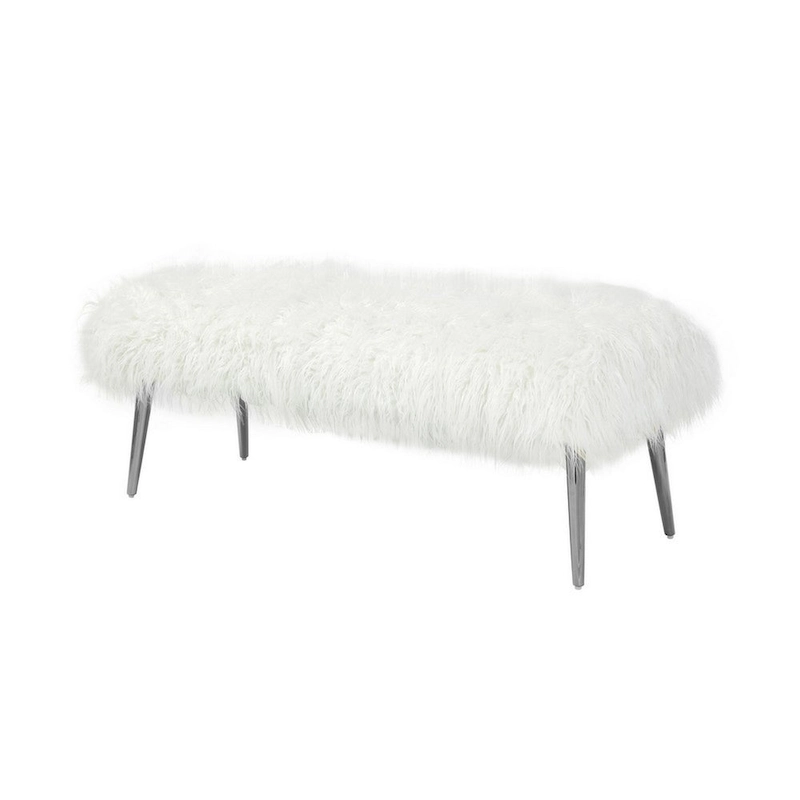 Ammy 45 Inch Bench with Foam Fill Seat, White Faux Fur, Silver Metal Legs