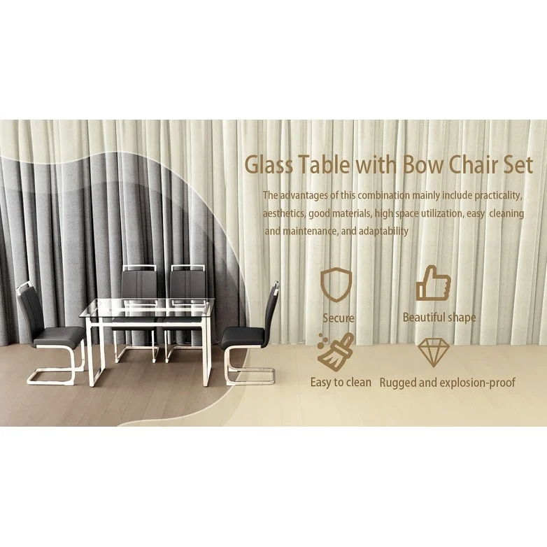 Modern 5-Piece Dining Set with Rectangular Glass Table & High Back Silver-Plated Legs Dining Armless Chairs