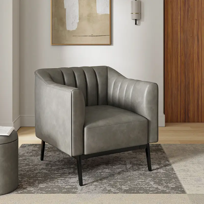Alfons Industrial Leather Chair with Channel Tufting and Metal Leg by HULALA HOME