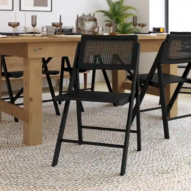 Folding Armless Cane Rattan Chairs with Breathable Woven Backrests - 2 Pack
