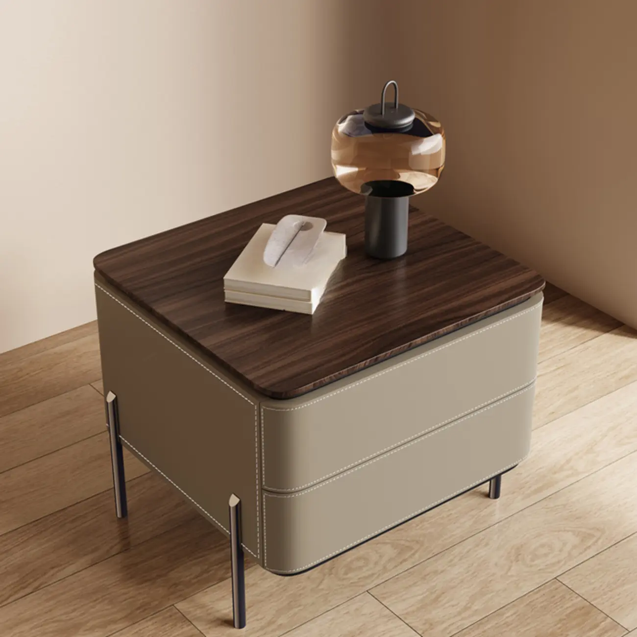 Modern Wood Top Leather Drawer Nightstand Including Metal Legs
