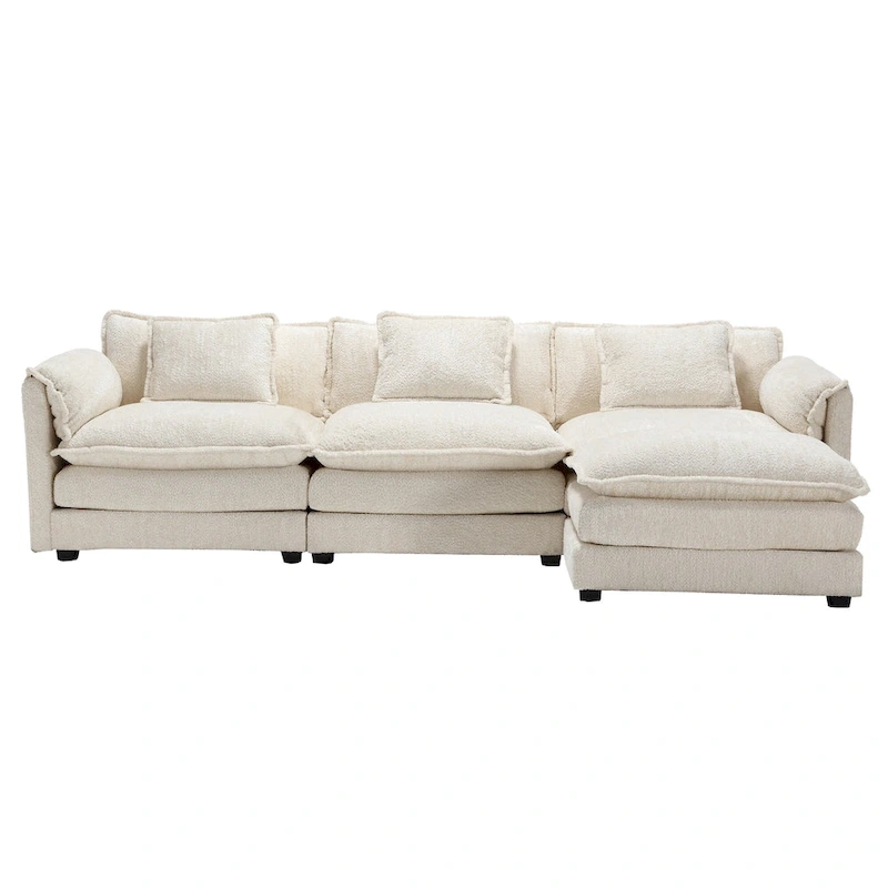 Beige 112.2 L-Shape 4-Seater Sectional Sofa in Modern Boucle Fabric with Removable Cushions and Detachable Armrests