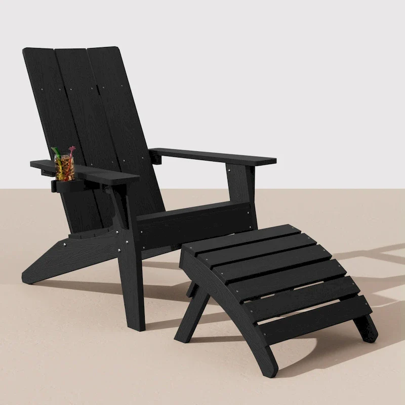WINSOON 2-Piece All Weather HIPS Outdoor Adirondack Chair with Cup-Holder and Ottoman
