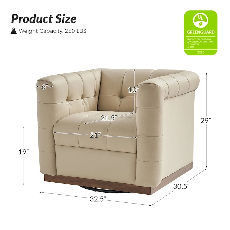 JeremiasMid-certury Modern GenuineLeatherTufted SwivelClubChair with Wooden Apron by HULALA HOME