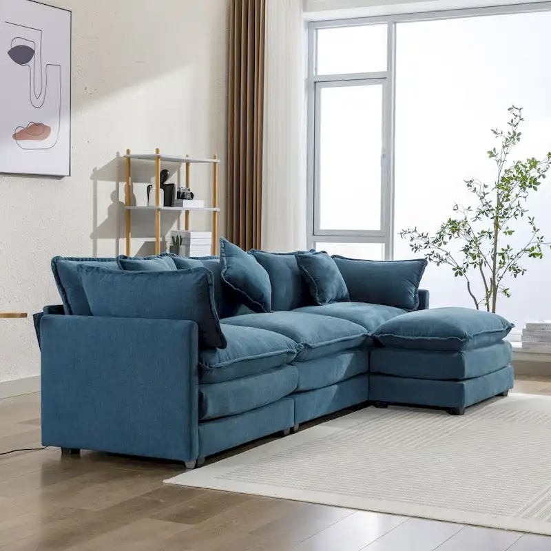 L-Shape Chenille Upholstered Sofa with Ottoman