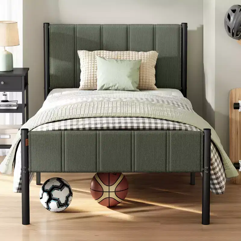 VASAGLE Twin Bed Frame with Upholstered Headboard,Footboard,550 lb Weight Capacity,Steel Slats,Easy Assembly,No Box Spring Needed