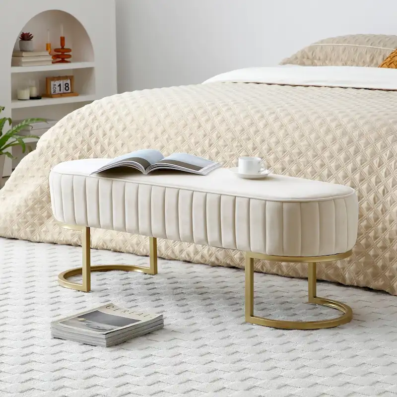 Bench Bedroom Bench ,Velvet Oval Upholstered End of Bed Bench with Golden Metal Legs ,48 Modern Storage Ottoman Bench