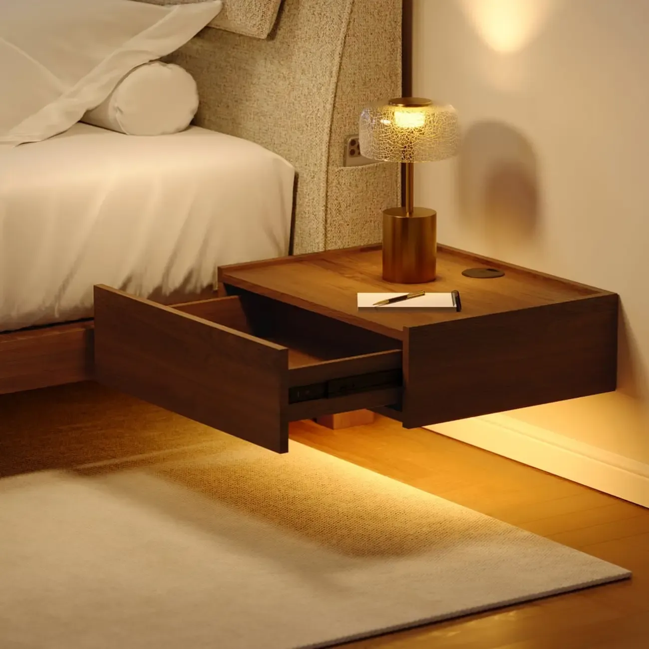 LED Wireless Charging Walnut Floating Nightstand Set of 2