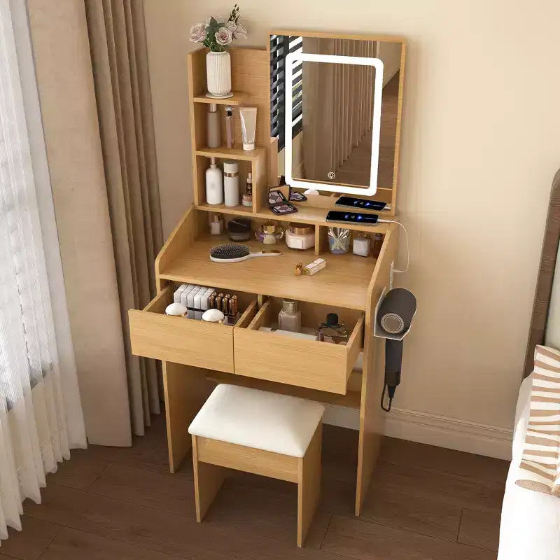 Brown Modern Vanity Table Set with LED Mirror & Stool, 1-Person