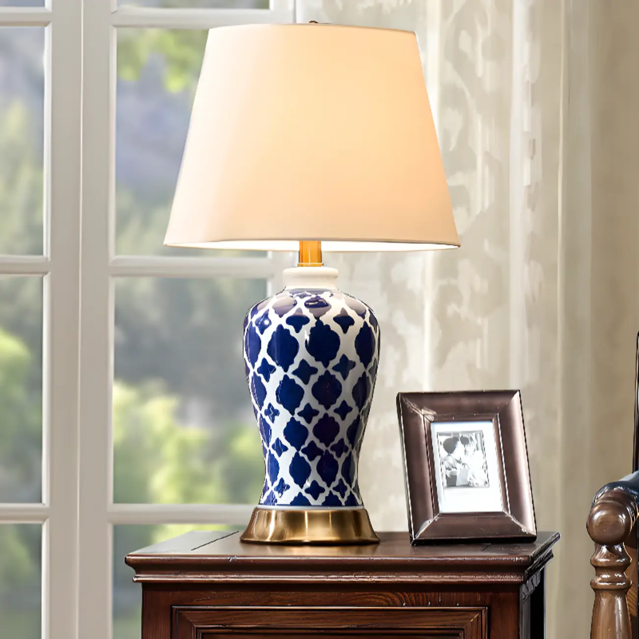 Elegant Ceramic Table Lamp with Geometric Fabric Shade