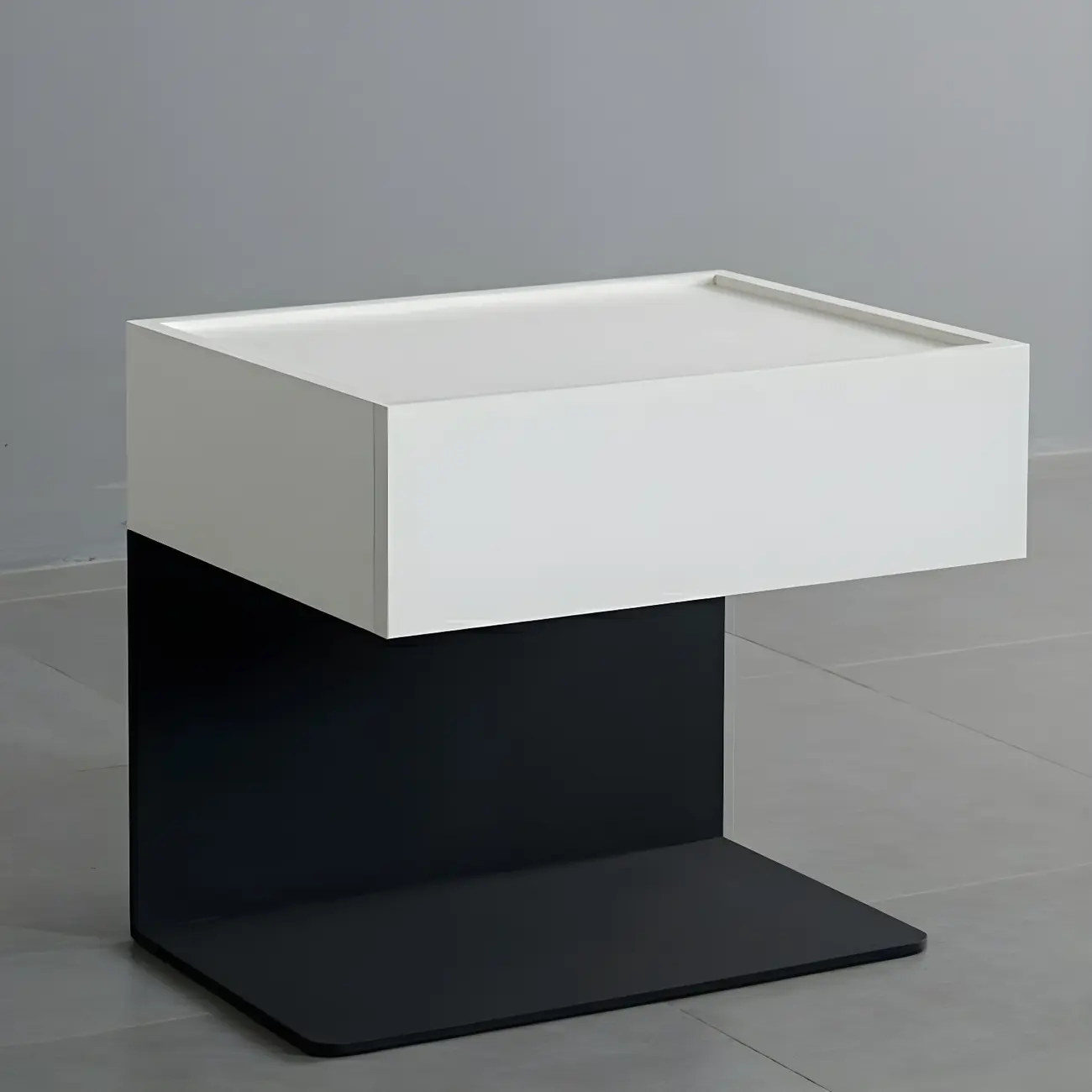 Black Steel Wood C-Shaped Drawer Nightstand with Light