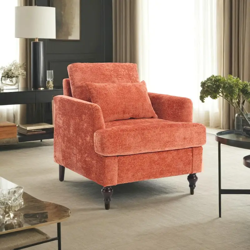 Chenille Single Sofa Chair, Upholstered Accent Chair with Soft Pillow, Mid Century Modern Reading Armchair