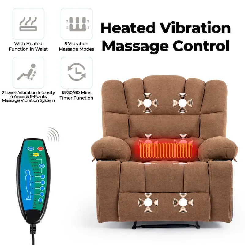 Chenille Manual Recliner Chair with Massage and Lumbar Heating, Dual Cup Holders, Side Pockets