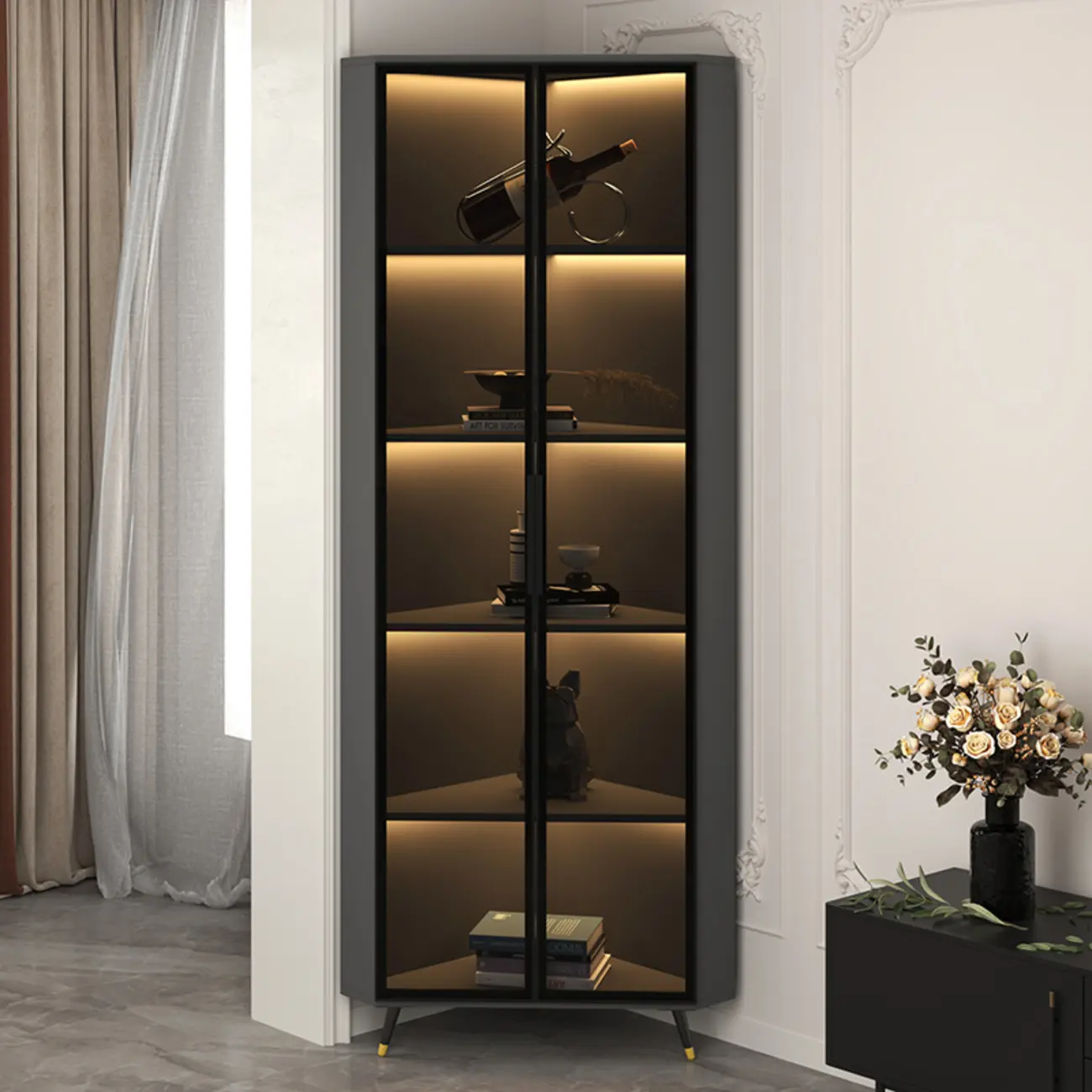 Modern Glam White-Gold Wood Glass Display Cabinet