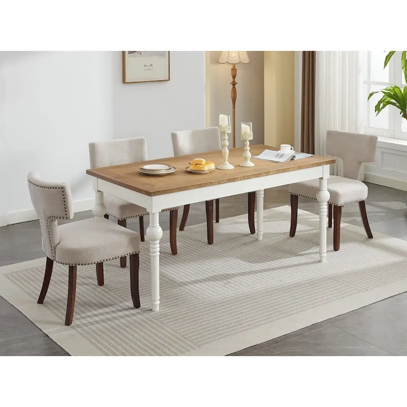 Modern Dining Chairs Set of 2, Linen Fabric Upholstered Accent Chair Curved Backrest Kitchen Chairs with Rubberwood Frame