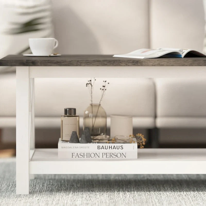 Farmhouse X-Frame Coffee Table with Shelf, Acacia Gray/Dark Gray/Walnut, Solid Wood