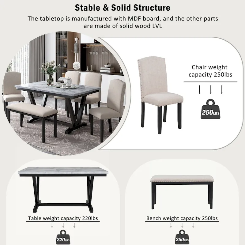 6PCS Marbled Veneers Tabletop Dining Table Set