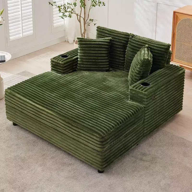 Green Corduroy Oversized Chaise Lounge Chair for 2, Sleeper Sofa with Pillows & Cup Holder