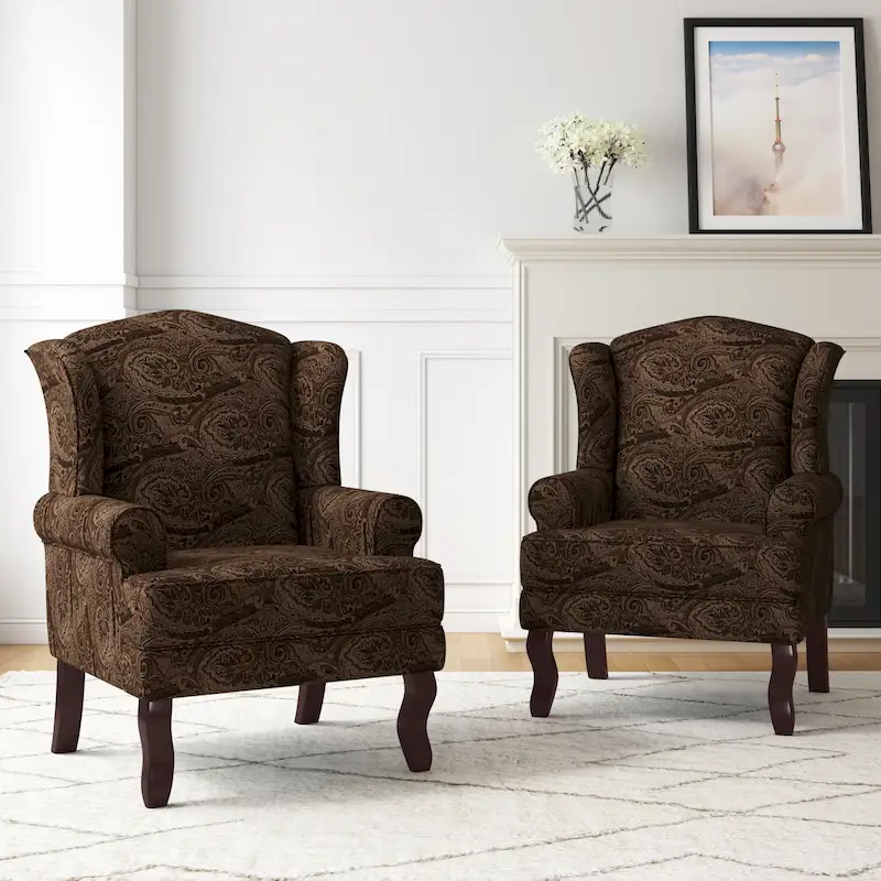 2 Set Traditional Wingback Accent Chairs Upholstered Armchair
