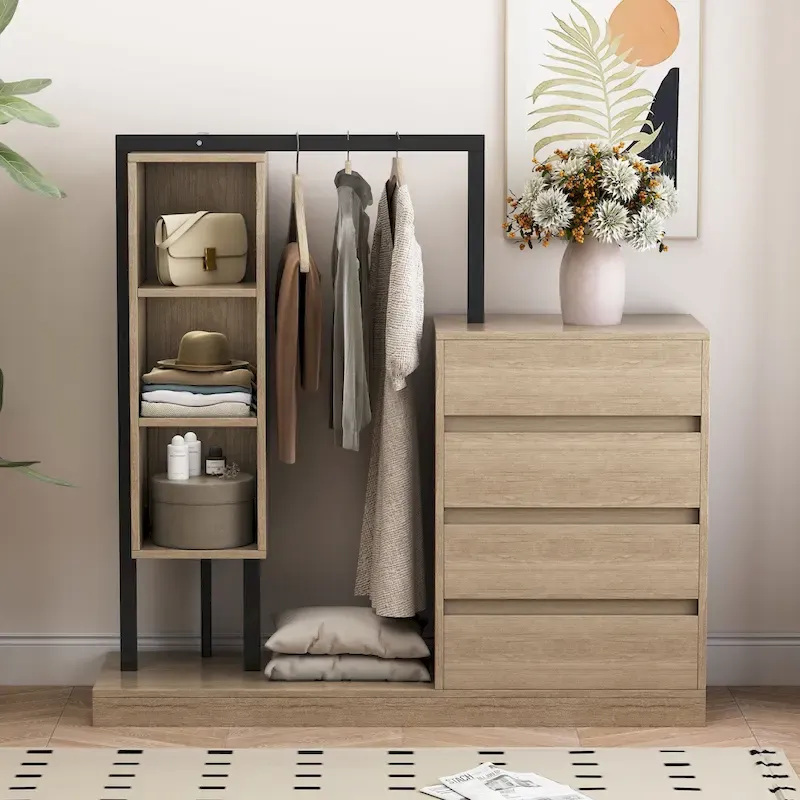 Open Wardrobe Closet with 4 Drawers, 3 Shelves & Hanging Rod Freestanding Wooden Armoire Closet for Bedroom