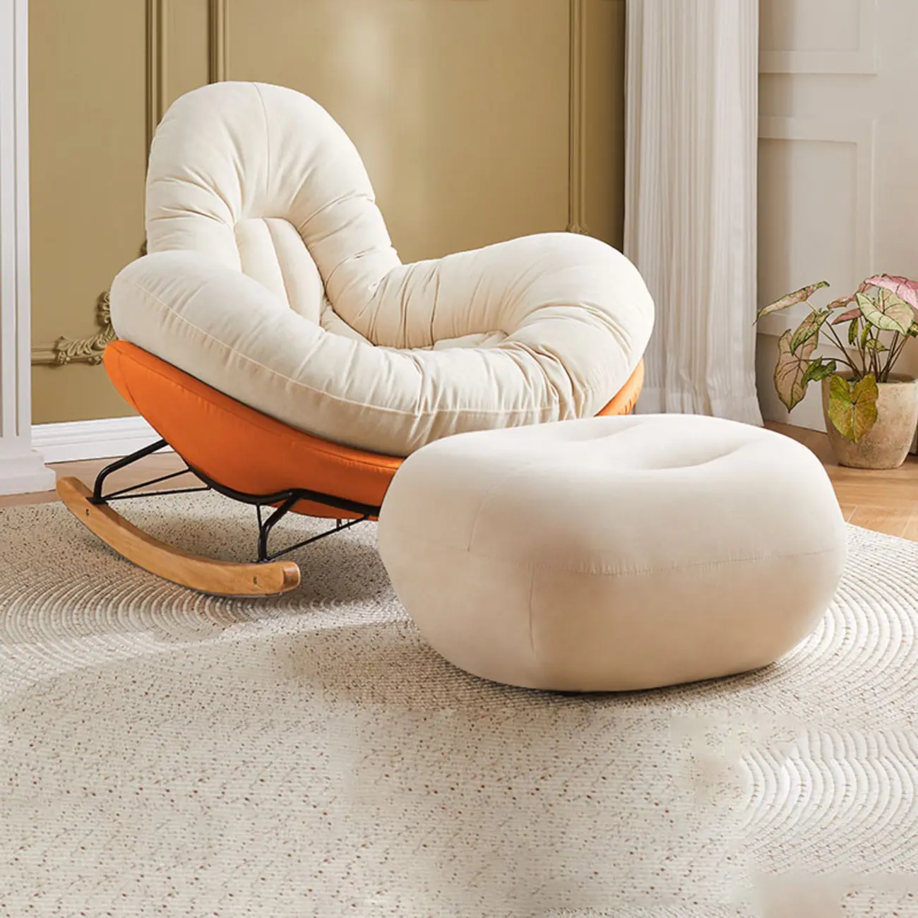 Wide Seat Upholstered Rocking Chair in Beige with Ottoman