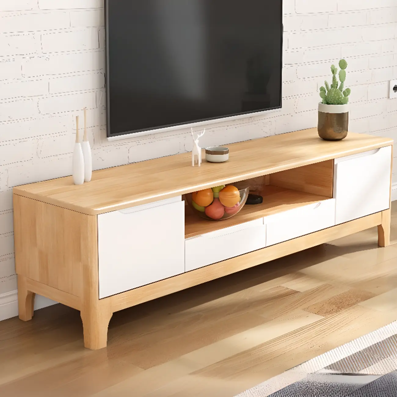 Durable Natural Wooden TV Stand with Cable Management