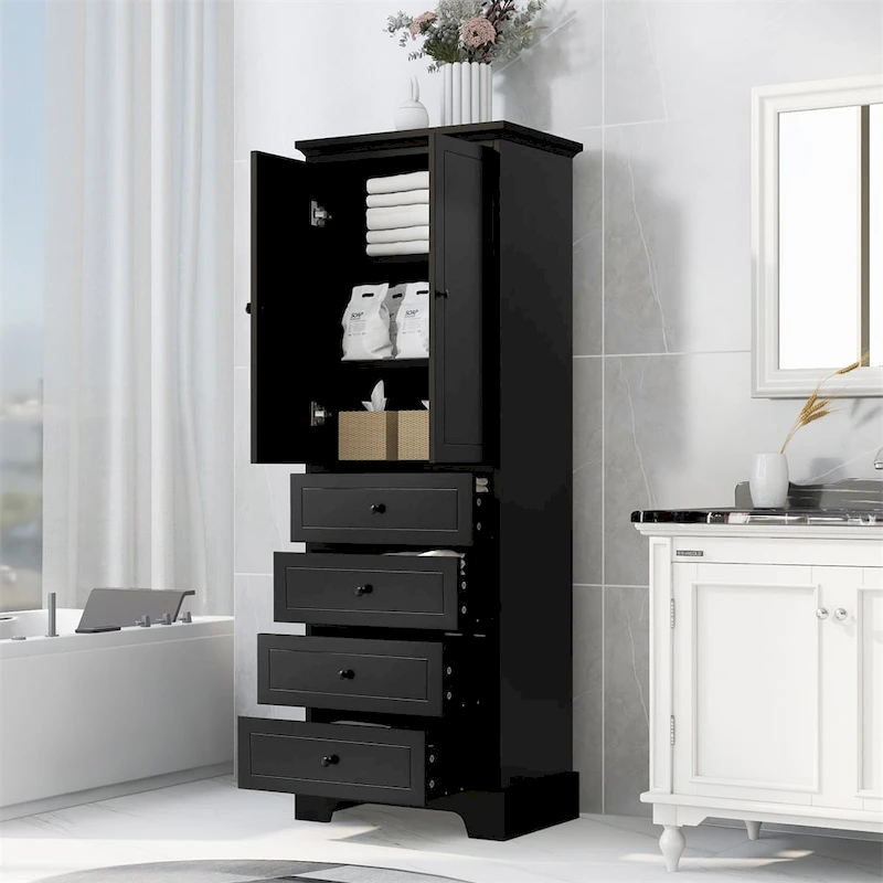Wooden Storage Cabinet with 2 Doors and 4 Drawers, Adjustable Shelf