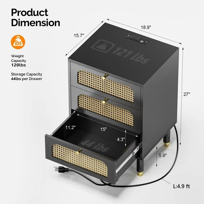 Rattan Nightstand with 3 Drawers