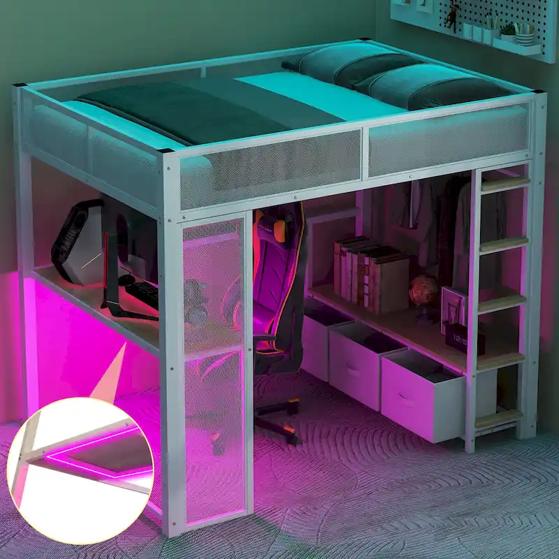 Full Size Metal Gaming Loft Bed with 16-Color LED, Study Desk & 3 Storage Drawers (400lb Capacity)