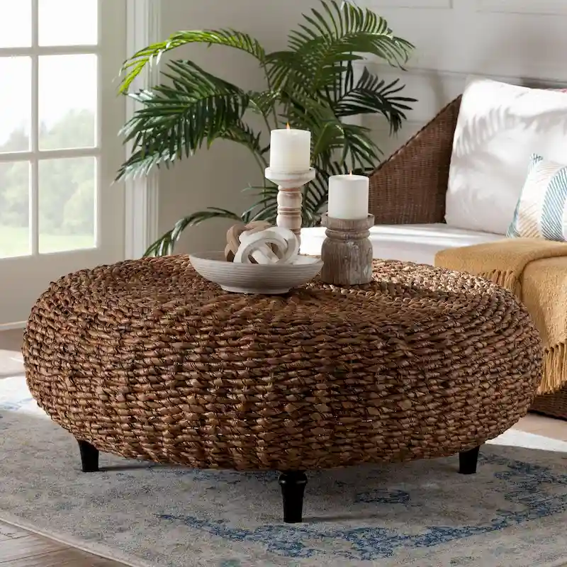 Riau Handwoven Seagrass Coffee Table with Wooden Legs - Natural Wicker Round Living Room Table for Living Room or Bedroom Dcor