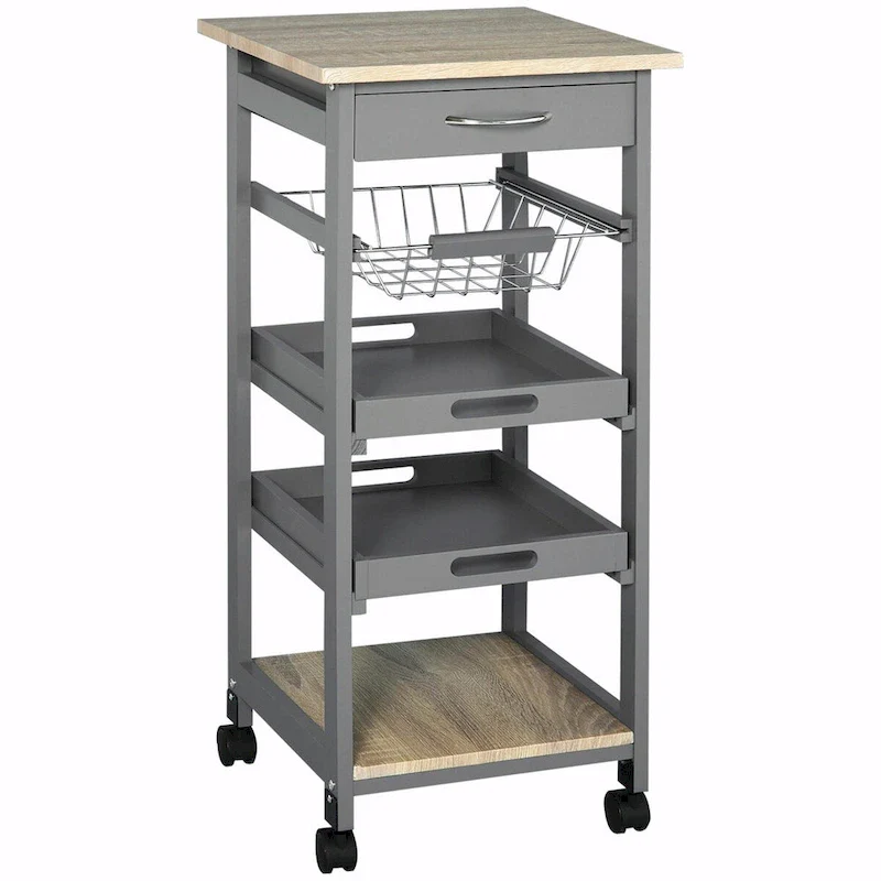 Rolling Kitchen Island Cart with Drawer & Wire Basket