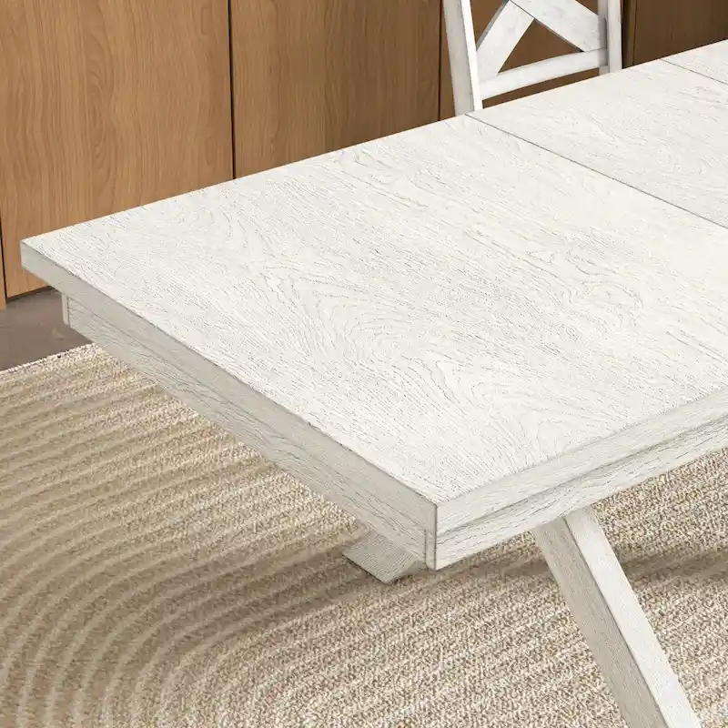 VECELO Dining Table Set with Bench, Solid Wood Rectangular Extendable Dining Table & 4 Solid Wood Dining Chairs