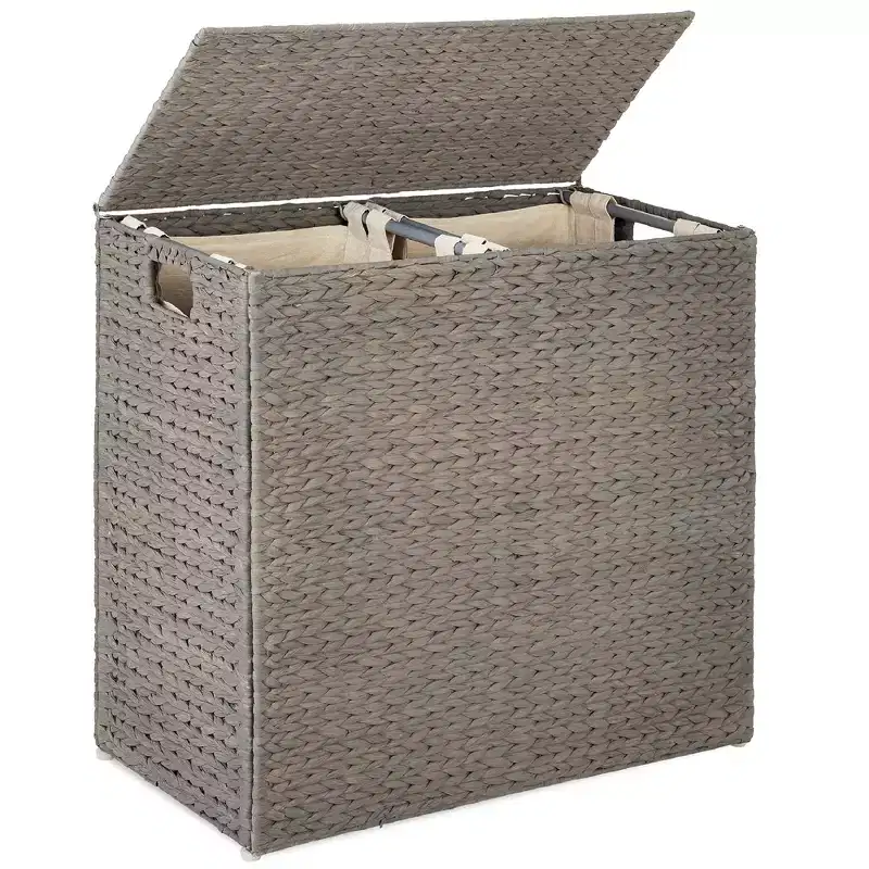Best Choice Products Large Natural Water Hyacinth Double Laundry Hamper Basket w/ 2 Liner Bags, Handles