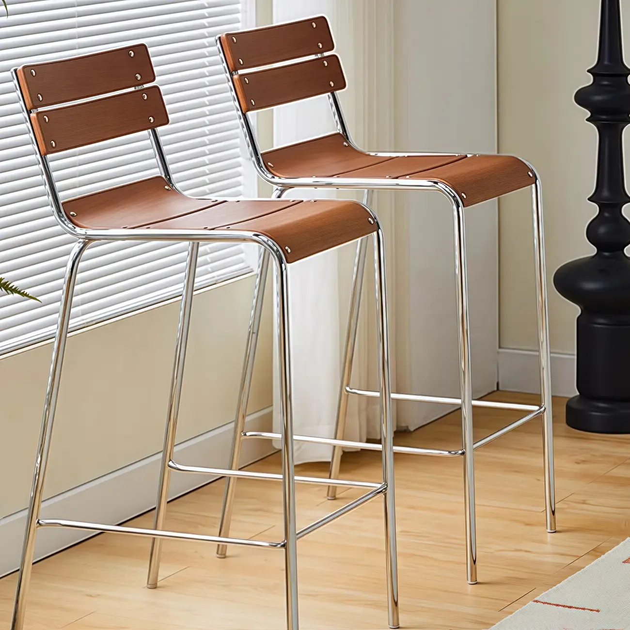 Industrial Brown Wood Rectangle Stackable Bar Stools with Back